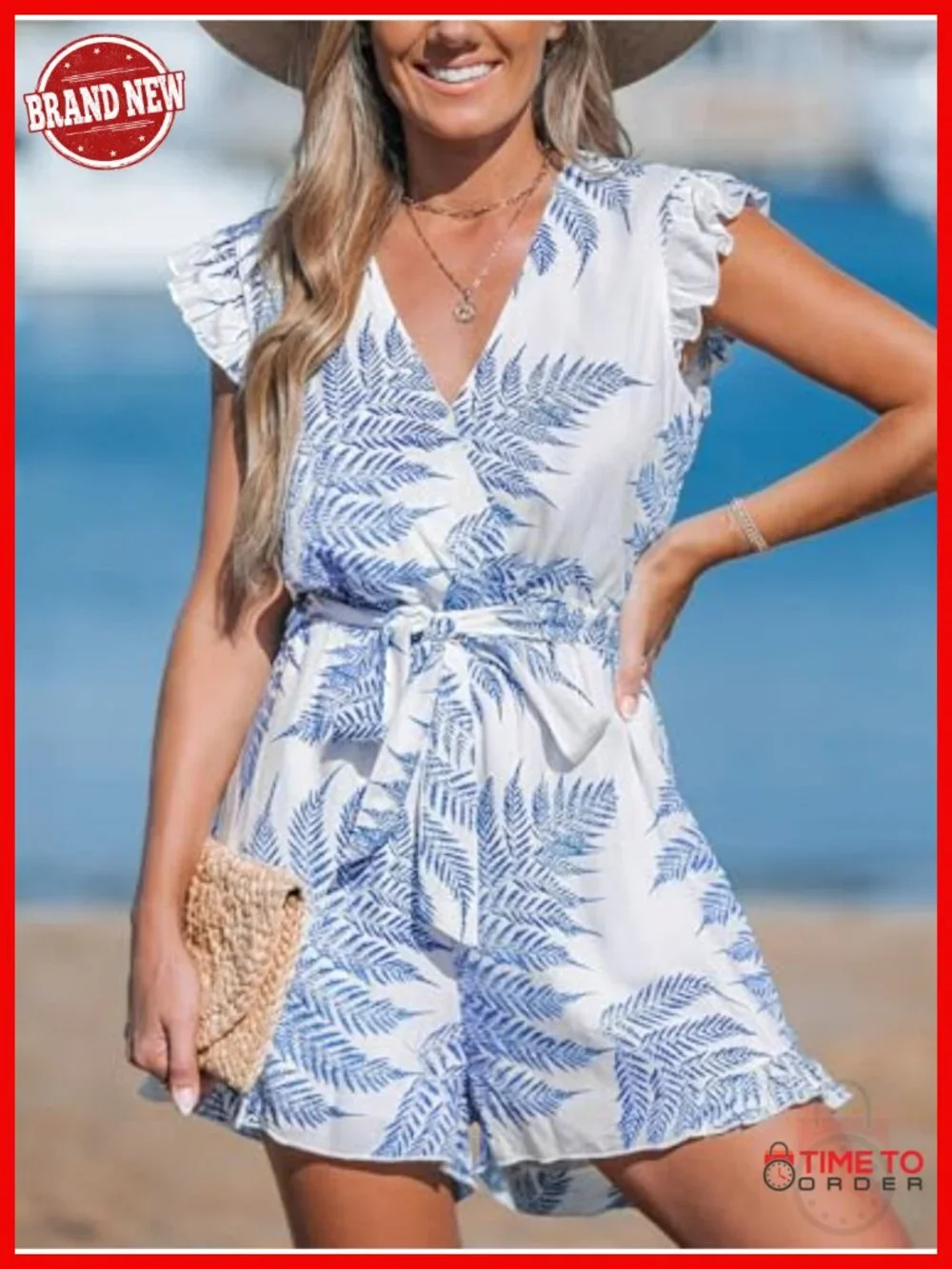 Polyester V Neck Flutter Sleeve Wide Leg Romper Jumpsuit